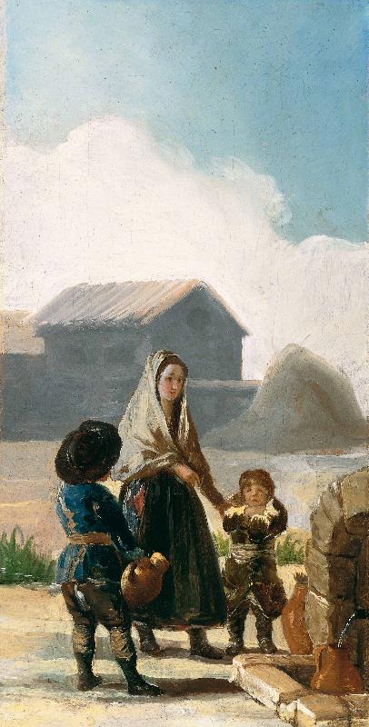  A woman and two children by a fountain